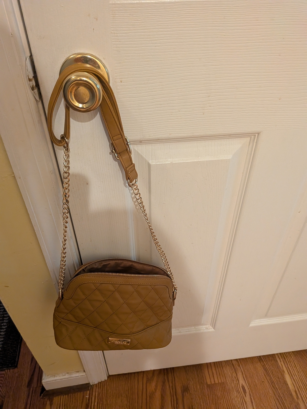 bebe Quilted Camel Crossbody Bag with Gold Chain Strap
